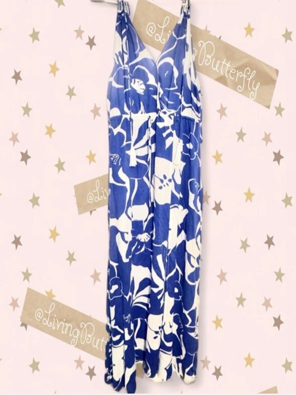 Elan Blue and White Floral Hibiscus Print Maxi Dress with Side Slit - Picture 4 of 9